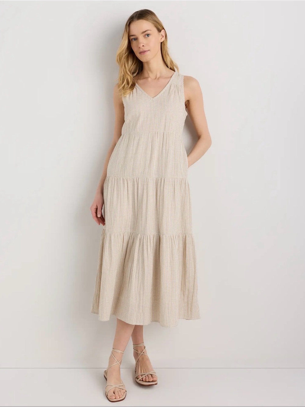Quince gingham 100% Organic Cotton Gauze Tiered Maxi Dress size L Cottagecore